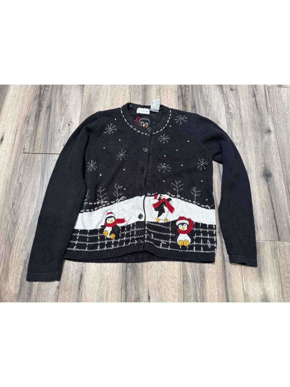 White Stag Ladies FLAWED L 12/14 Black Christmas Cardigan Sweater With Penguins